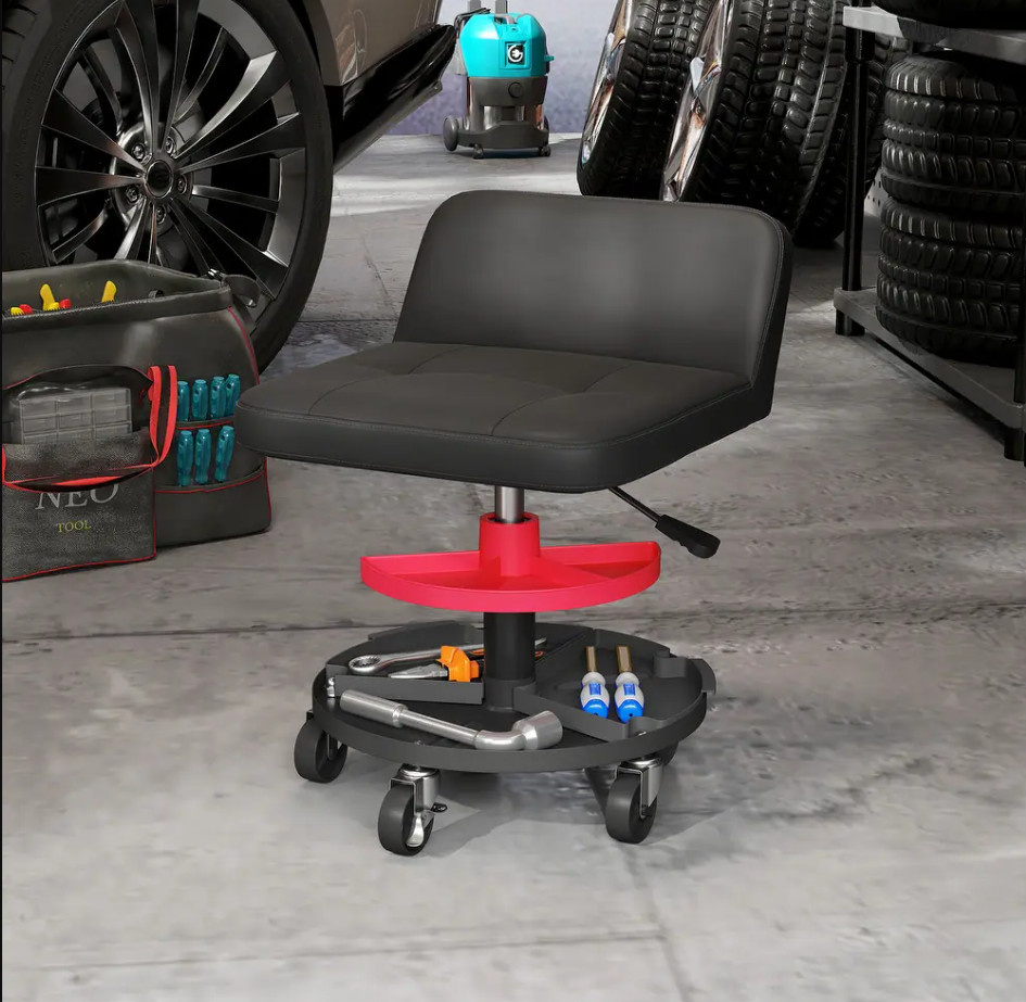 HOMCOM Rolling Mechanic Stool, 300 LBS. Capacity Garage Stool, Black