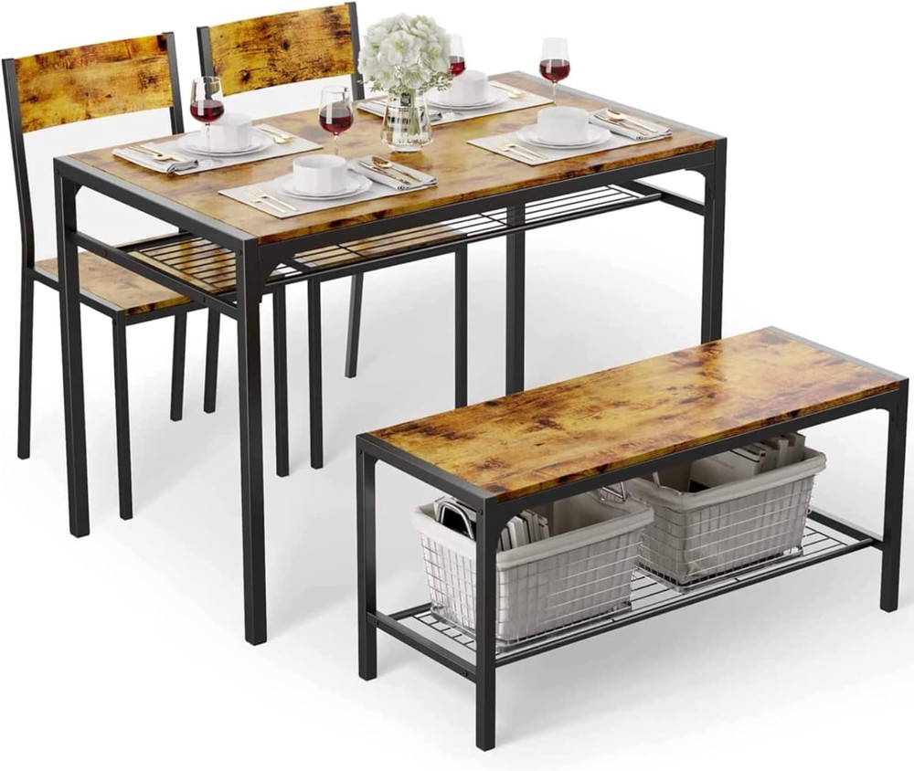 Kitchen Table and 2 Chairs for 4 with Bench, 4 Piece Dining Table Set for Small