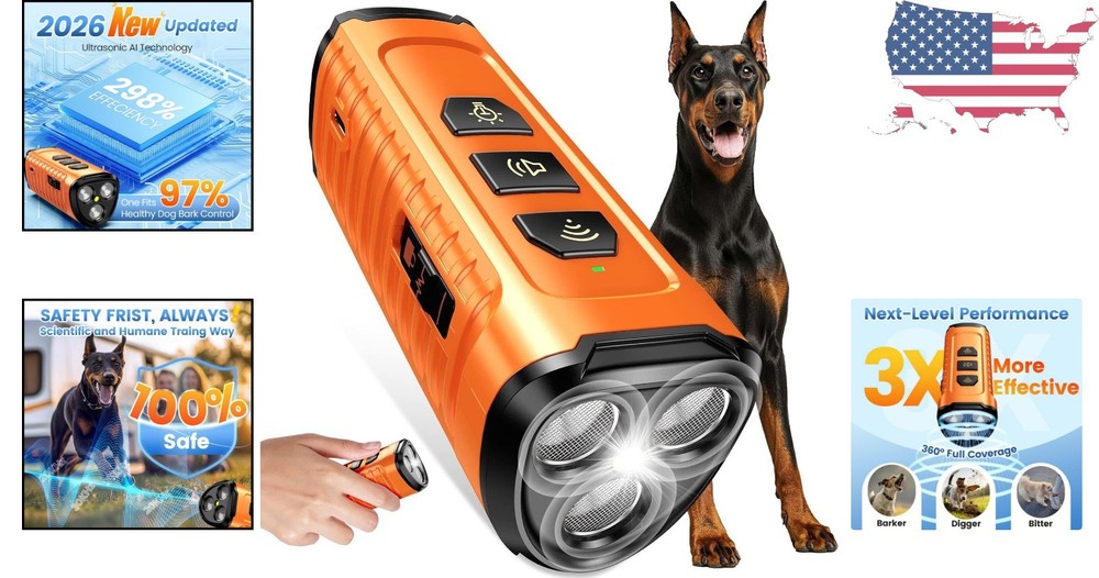Humane 5-Mode Dog Bark Control Device - 50FT Range with Flashlight Included