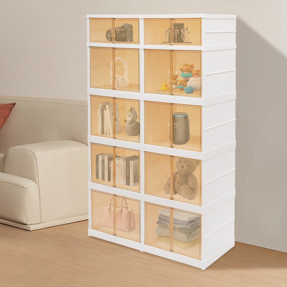5 Tier Plastic Storage Containers with Doors & Wheels Foldable Organization