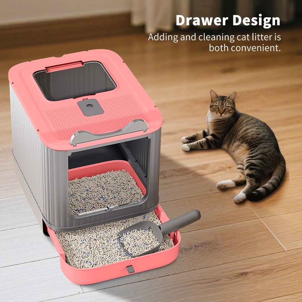 3-Stage Adjustable Covered Litter Box for Kittens toAdult Cats,Odor Control,Pink