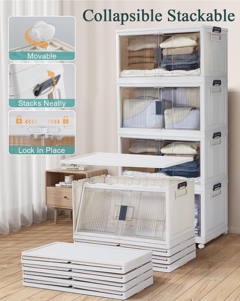 OlarHike 97QT Stackable Collapsible Plastic Storage Bin, Wheeled, White, 4 Pack