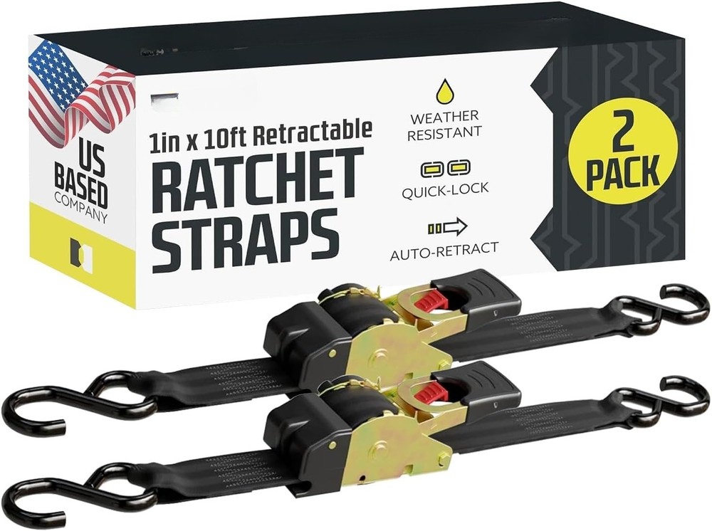 Automatic Retractable Ratchet Strap (2-Pack) 1" x 10', Heavy-Duty Design