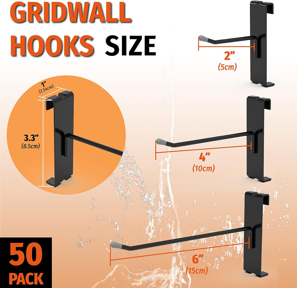 Gridwall Hooks, 4 Inch, 50PC Display Hooks for Grid Wall Panel, Black