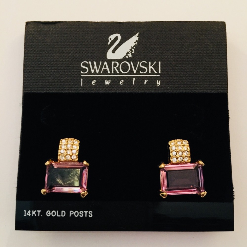 Signed Swan Swarovski Pink Rectangular Crystals with Clear Pave Pierced Earrings