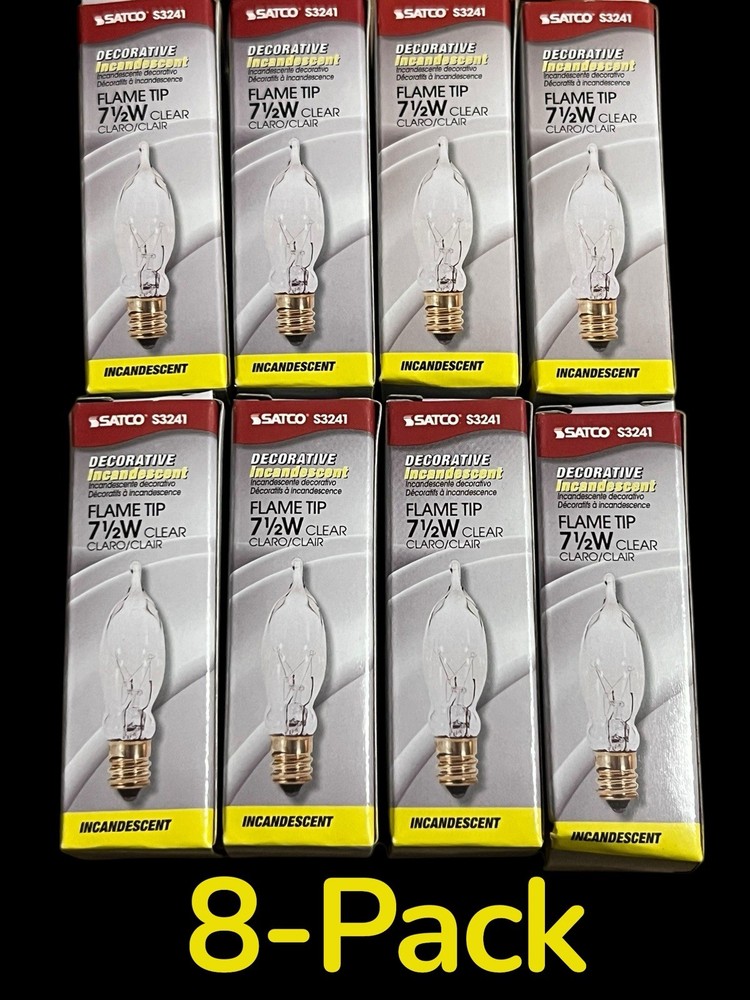 Satco S3241 Flame Tip Candle Candelabra Base Light Bulbs 7.5W Clear ( 8-Pack )