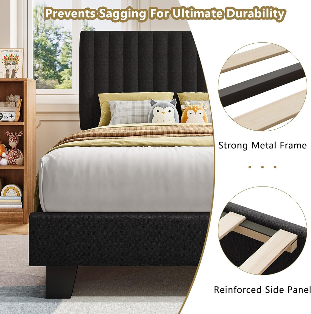 Twin Size Bed Frame, Upholstered Platform Bed with Vertical Linen Headboard, Wid