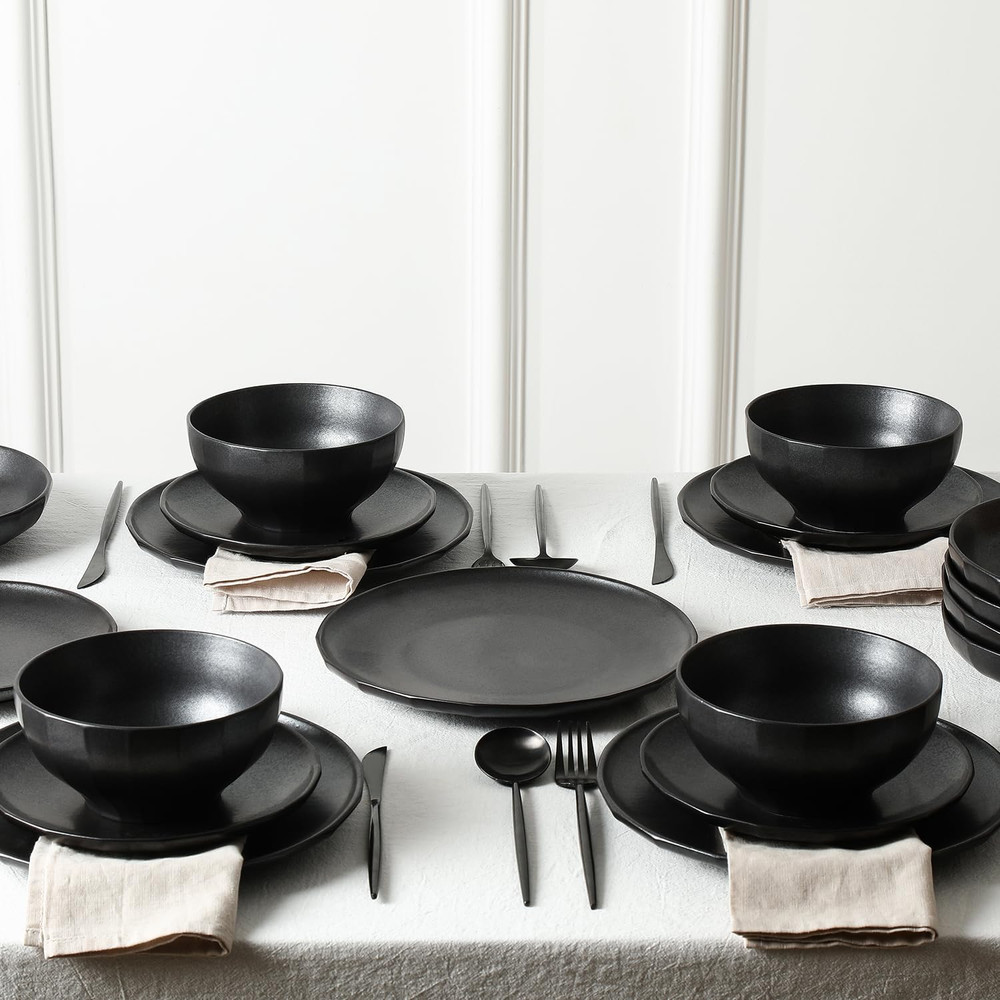 Rio 12-Piece Black Stoneware Dinnerware Set for Elegant Dining