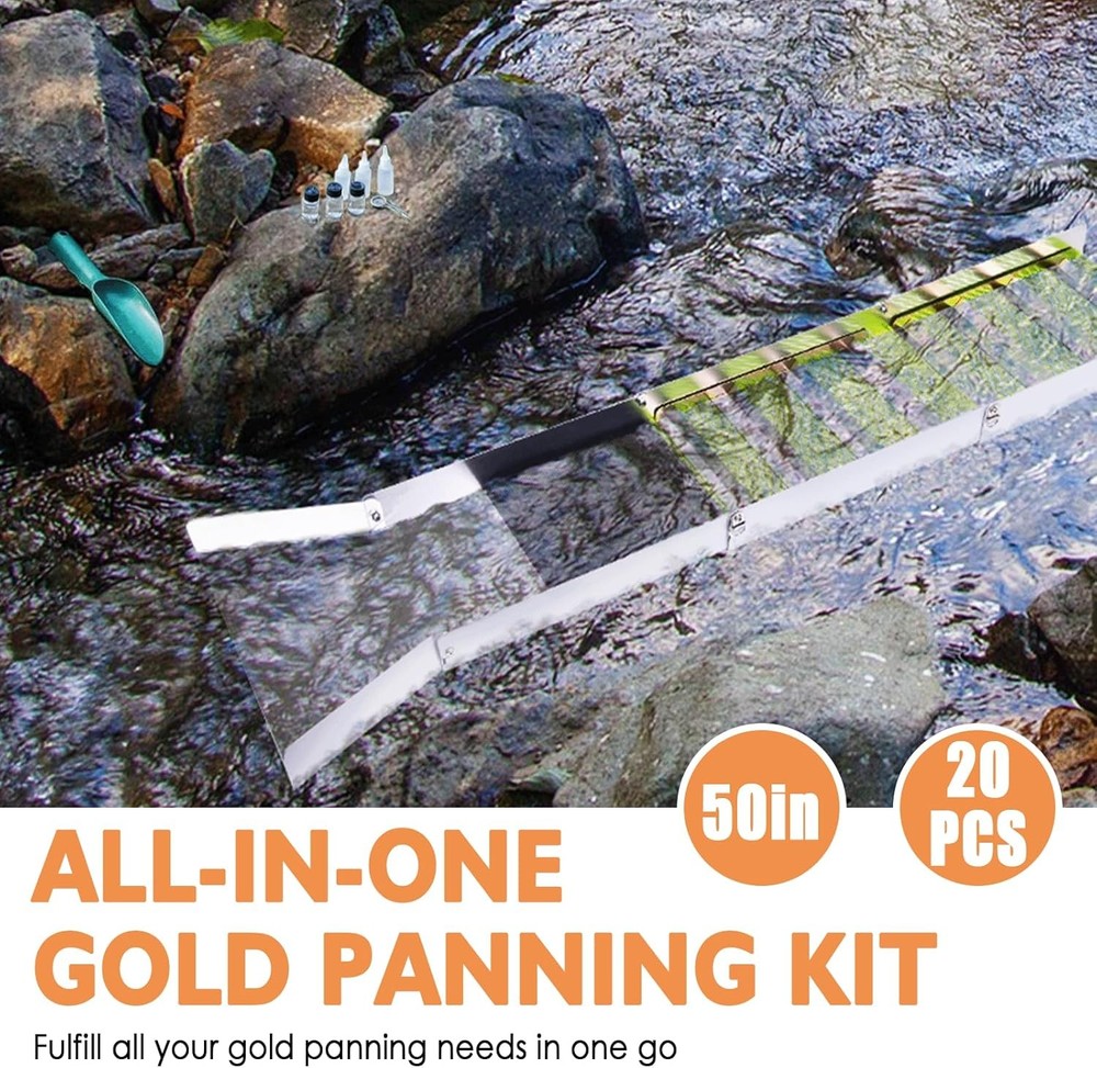 20pc Complete Gold Panning & Prospecting Kit with 50" Folding Sluice Box,...