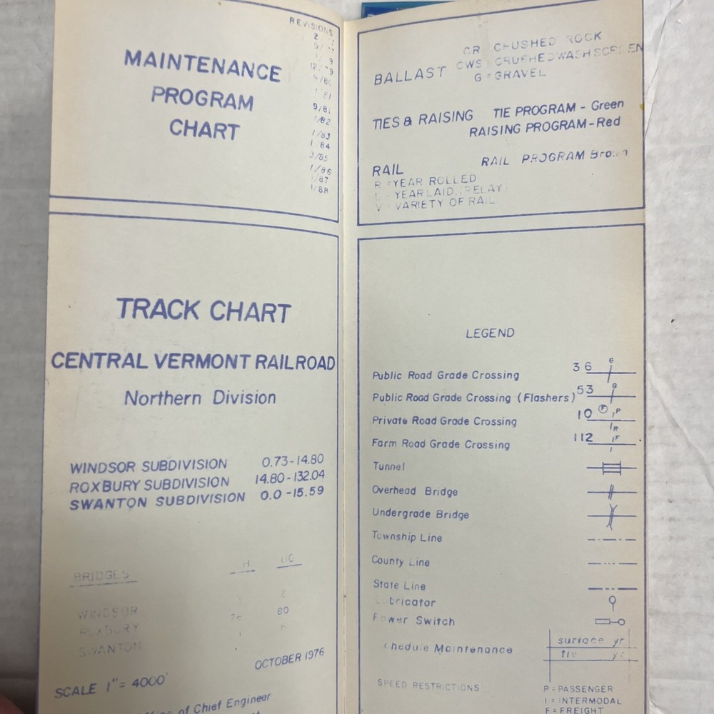 Central Vermont Railway Maintenance Program And Track Chart 1988