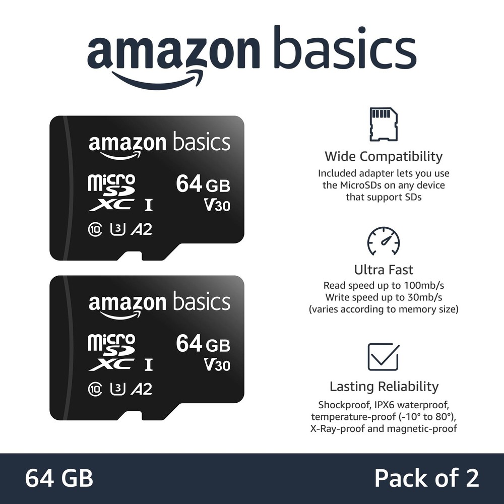 Amazon Basics microSDXC Memory Card with Full Size 64 GB (2pack), Black
