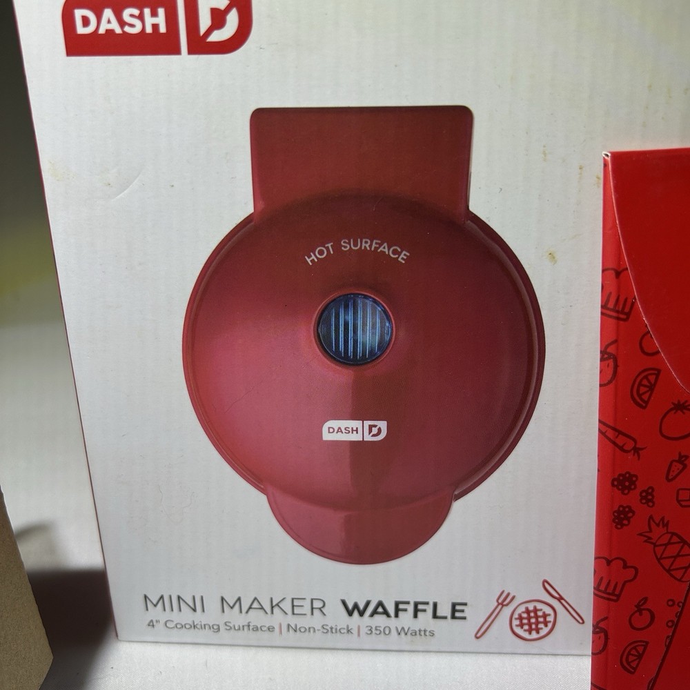 Dash Red Mini Waffle Maker 4" Cooking Surface Non Stick 350 watts NEW!