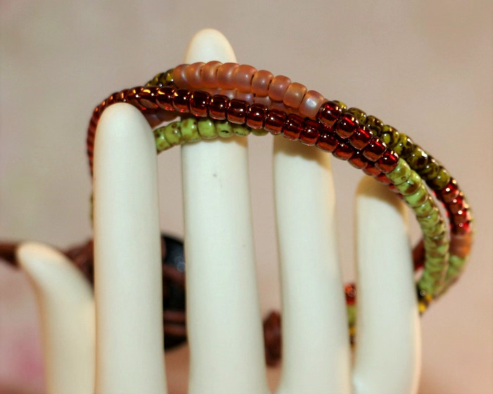 Brown Leather Wrapped Bracelet, Tri-Cuts, Toho Seeds, 18mm Button, (brac21)