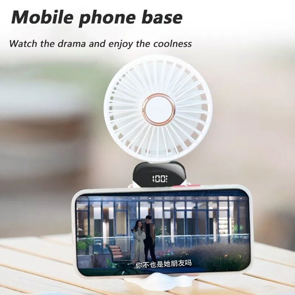 Foldable Handheld Fan White Battery Display,5 Speeds,USB Charging,8Hrs Cooling