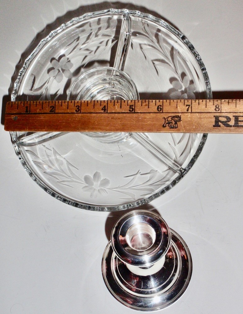Frank M. Whiting Vintage Sterling Silver Etched Glass 4 Compartment Dip Server