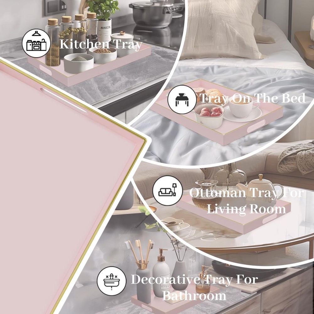 MAONAME Pink Serving Tray with Handles, Rectangular Decorative, Modern Coffee Ta