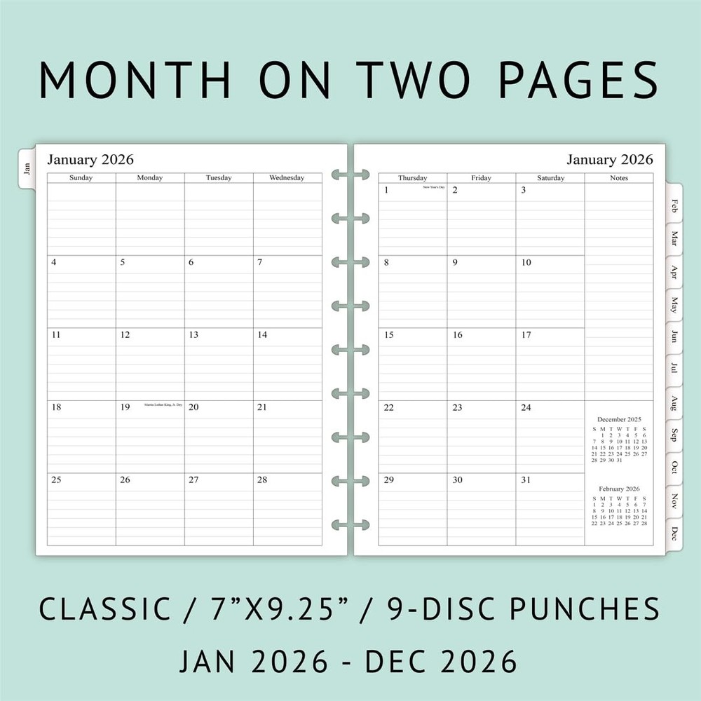 2026 Weekly Planner Refills for Happy Classic Size - 7"x9.25", White