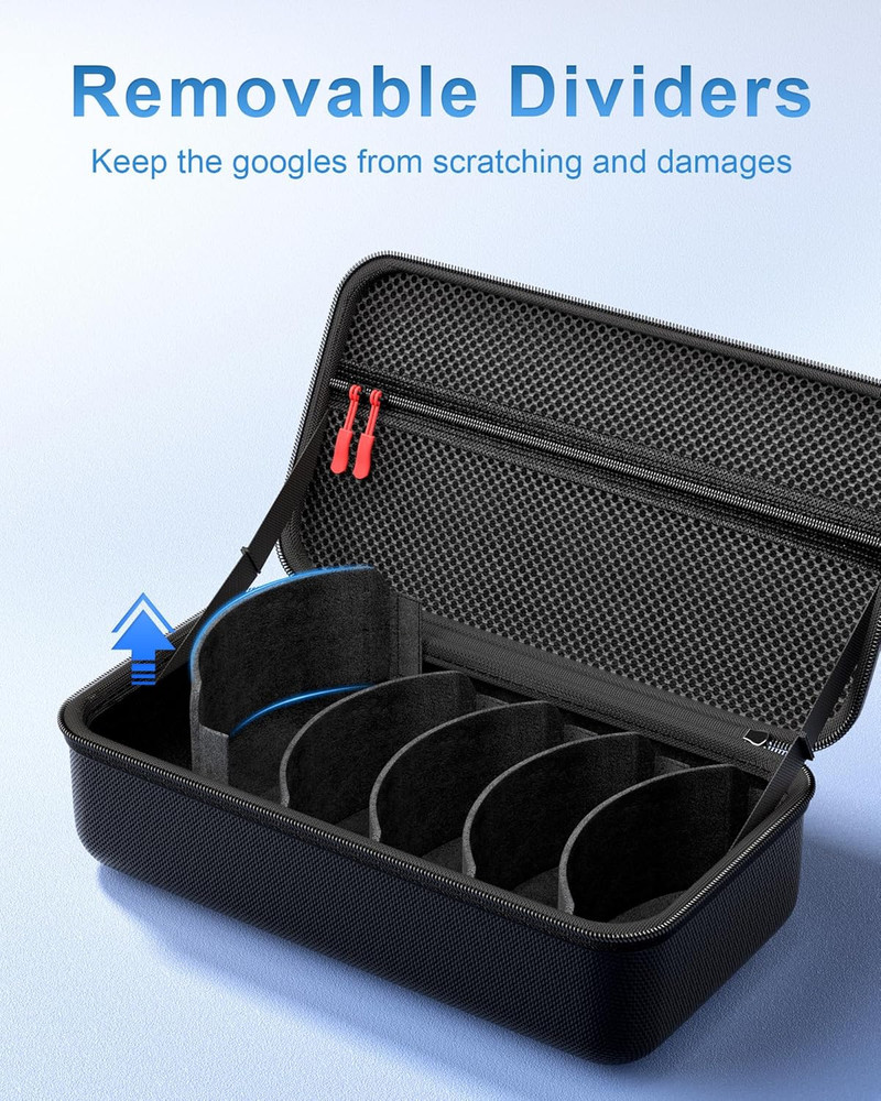 Ski Goggles Hard Travel Case with Multi-Compartment and Handle - Black