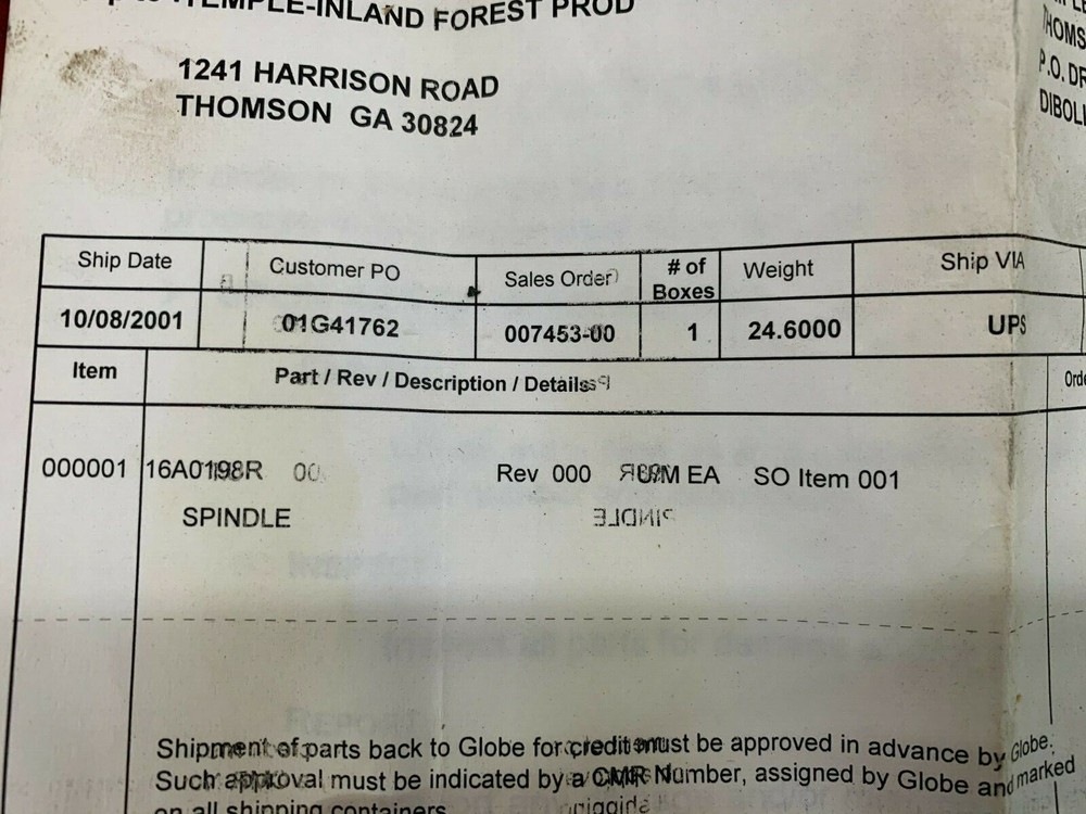 NEW GLOBE MACHINE SPINDLE 16A0198R