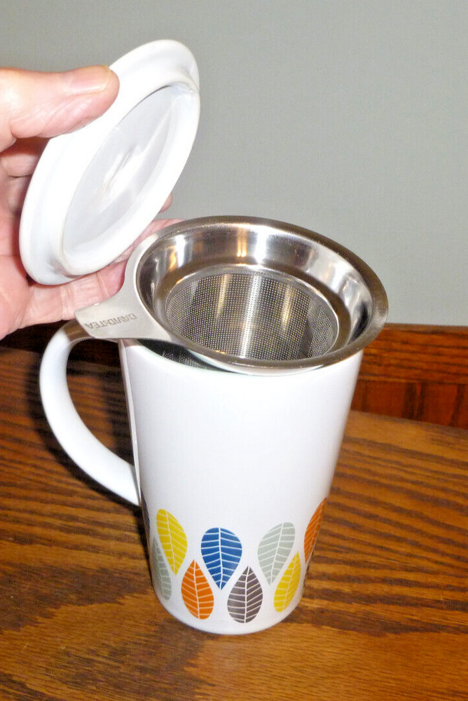 David's Tea "Fall Leaves" Tea Infuser Mug  + Coaster Top & Steel Infuser 16oz.