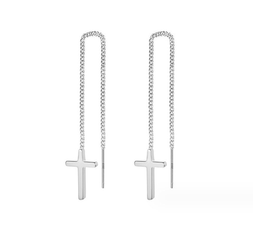 Tiny Cross Threader Earrings 2.4" Chain Drop Dangle S925 Sterling Silver PE35