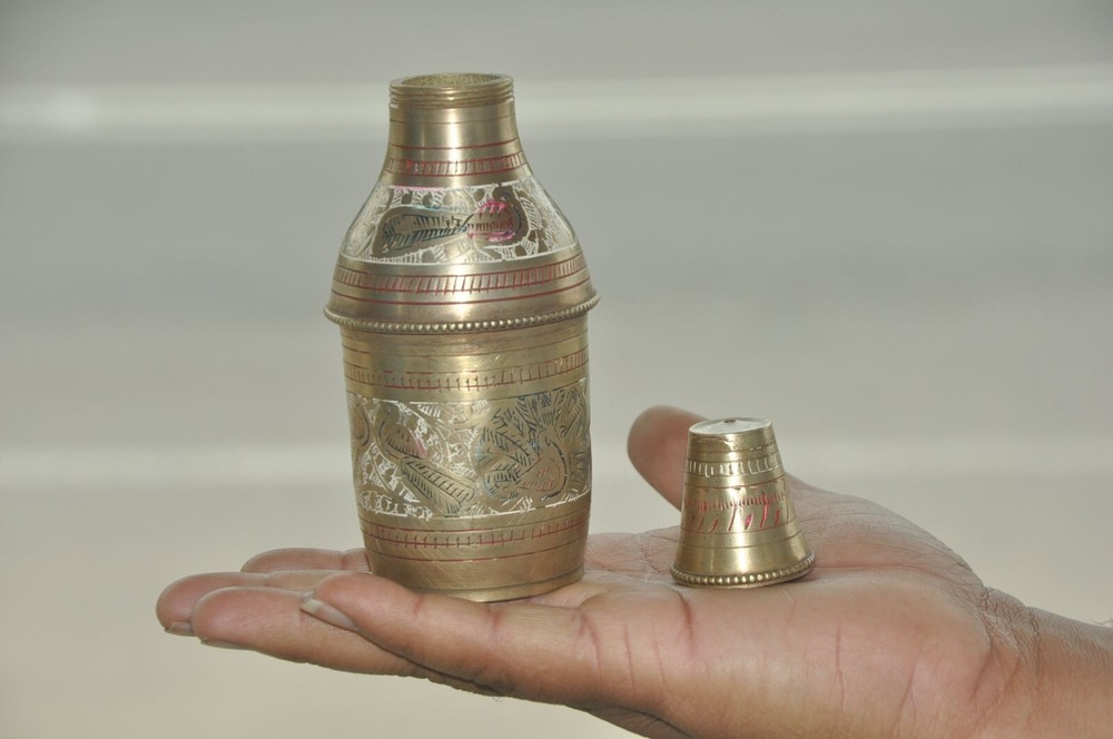 Vintage Unique Shape Brass Handcrafted Lacquer Work Powder Bottle