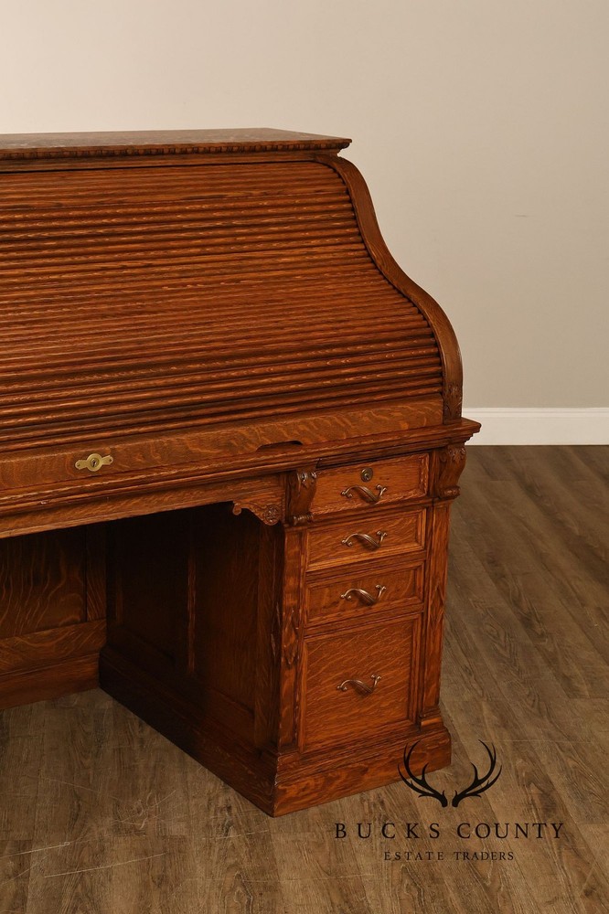 Oak Roll Top Desk With Carved 'Reading Hardware Co." Crest Panel