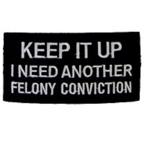 KEEP IT UP I NEED ANOTHER FELONY CONVICTION EMBROIDERED IRON ON BIKER PATCH