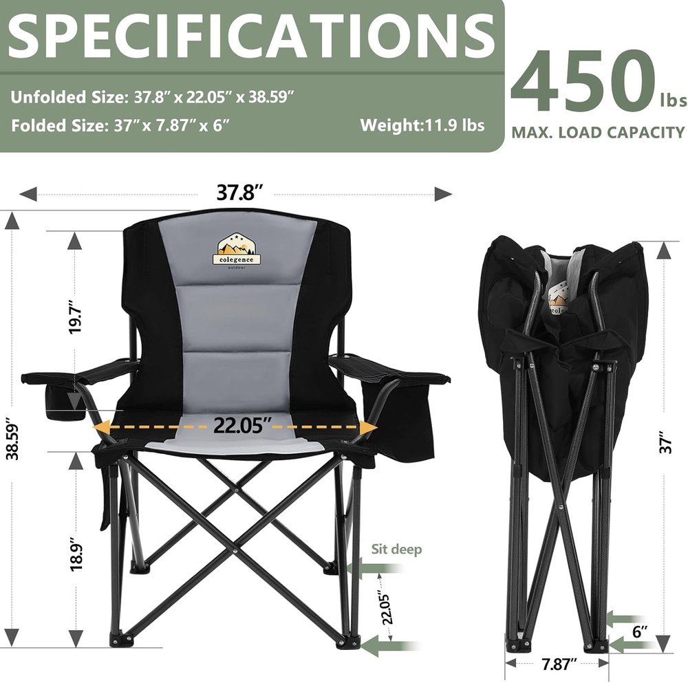 Oversized Camping Chairs 2 Pack - 450Lbs Support Heavy Duty Folding Camp Chair W