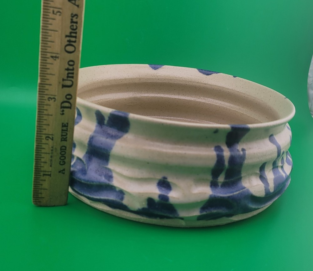 Signed Pottery Glaze Shallow Planter Blue Home Decor