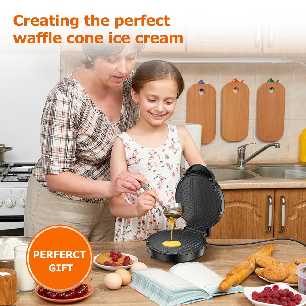 Waffle Cone Maker, 750W Thin Waffle Maker (Ice Cream Cone) with Shaper Roller...