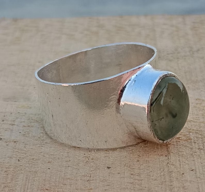 Solid 925 Sterling Silver Natural Prehnite Oval Gemstone Wide Band Handmade Ring