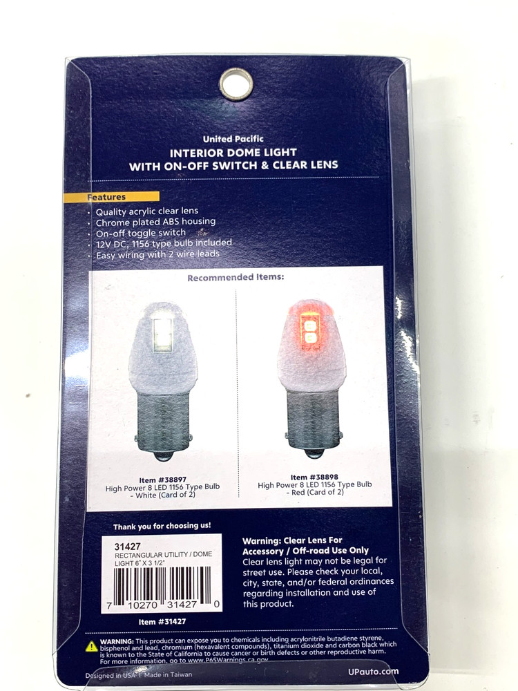 Chrome Universal Interior Dome Light w/ Switch & 1156 Bulb United Pacific 31427