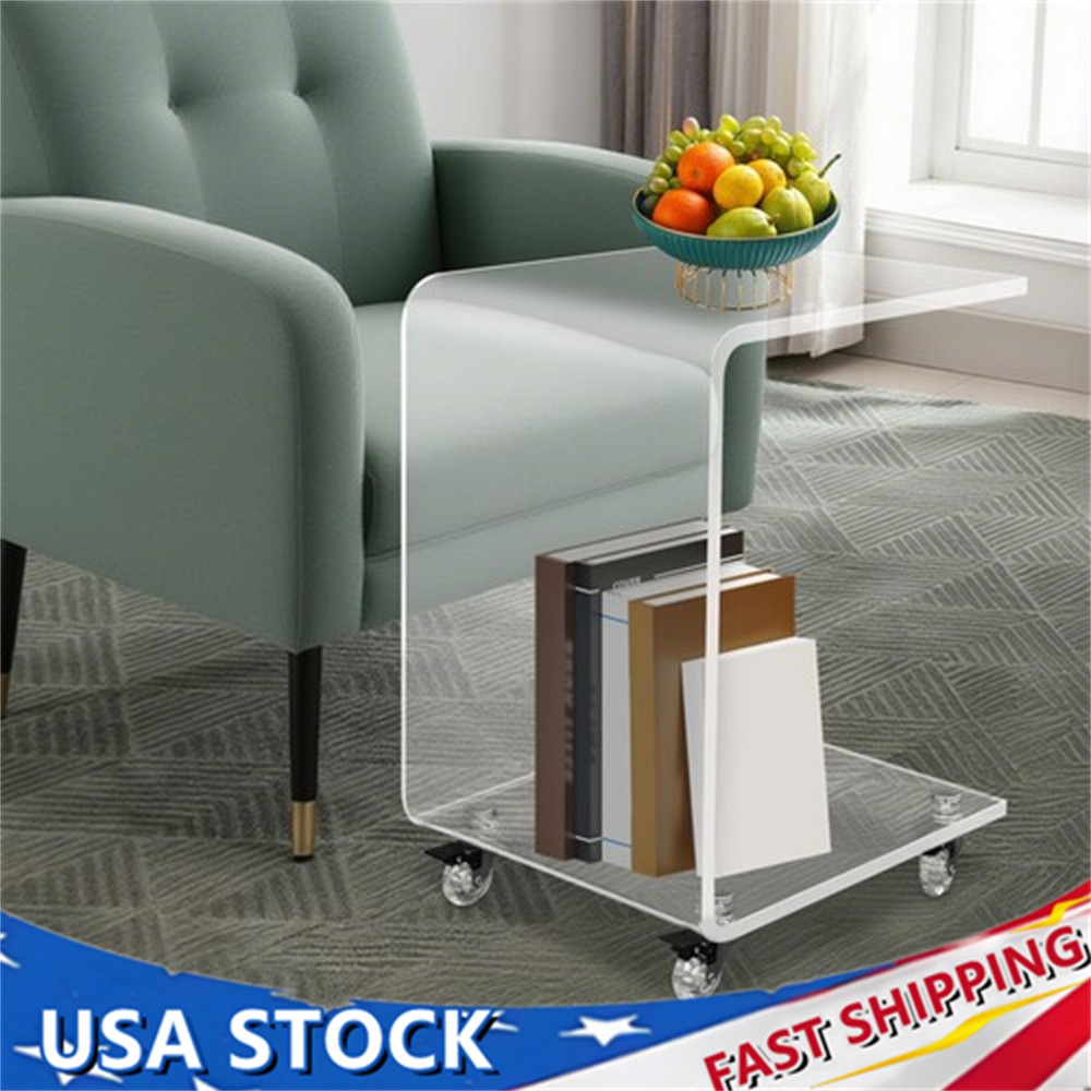 35*35*56cm C-Shaped Side Table, Acrylic End Table, Couch Side Table With Wheels