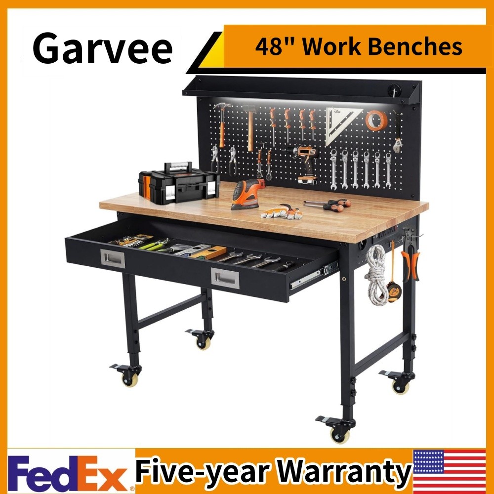 48" Work Benches for Garage Adjustable Workbench Wheels Pegboard Drawers 2000LBS
