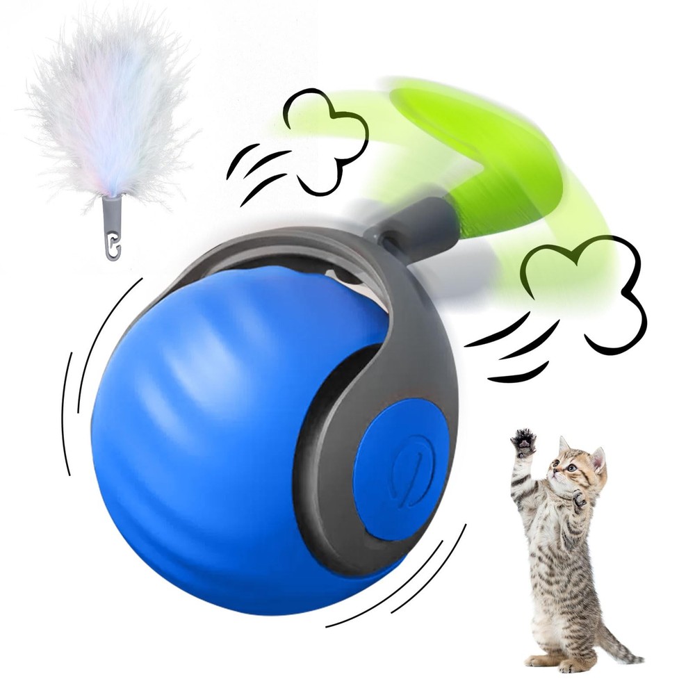 Interactive Cat Ball Toy, Blue, Motion Activated, USB Rechargeable, Feather