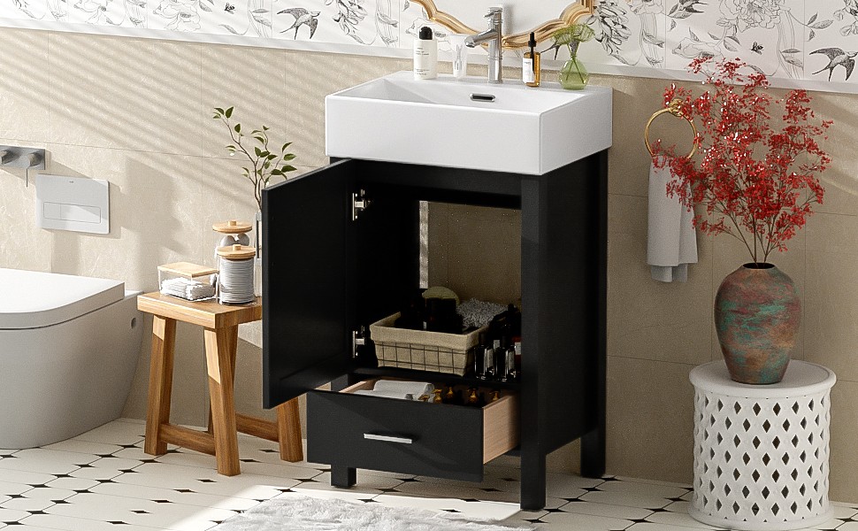 Black Modern Bathroom Vanity with Ceramic Sink, Solid Wood Frame，Storage Drawer