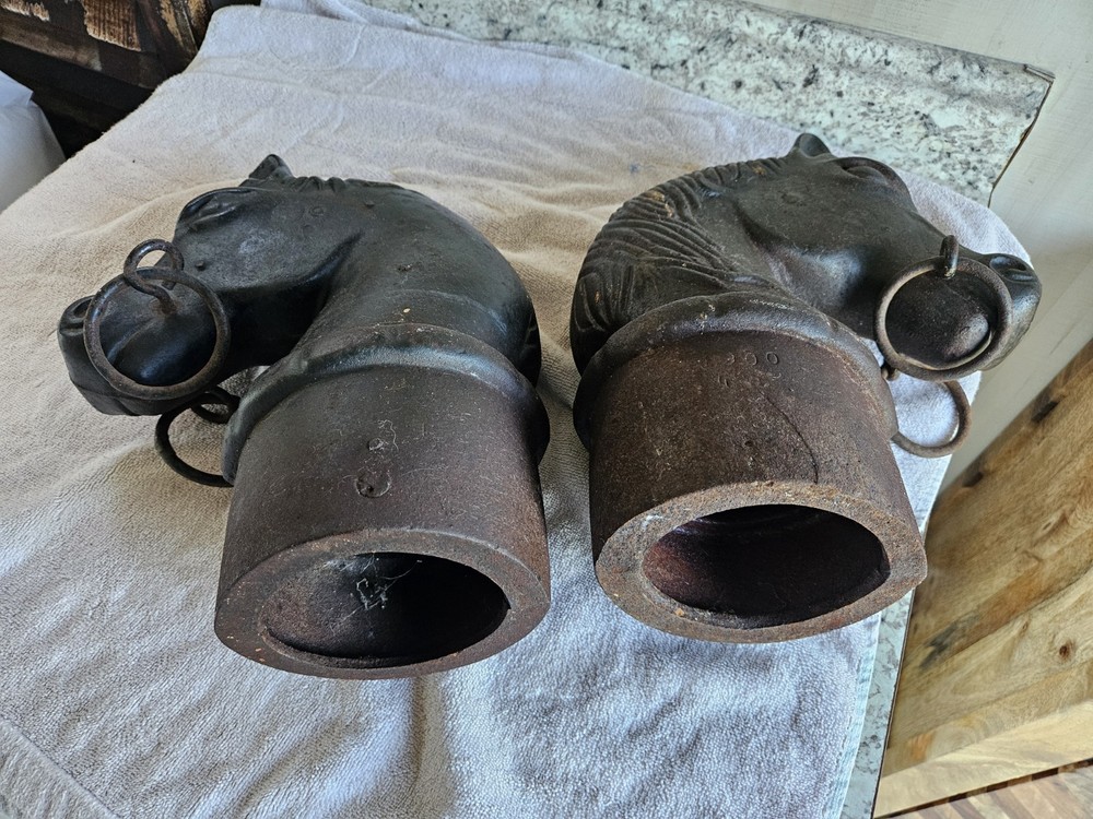 Circa 1900 : Two Double Ring Horse Head Adirons or Hitching Post Toppers