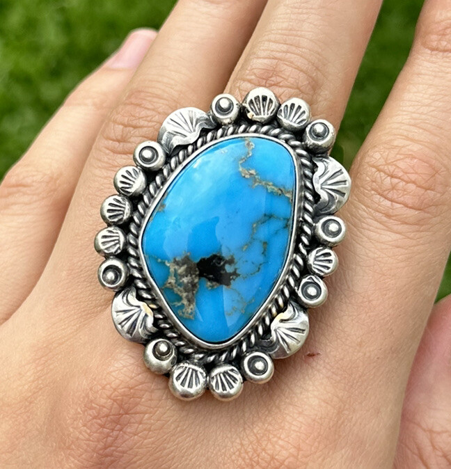 Native American Sterling Silver Turquoise Adjustable Ring. KY