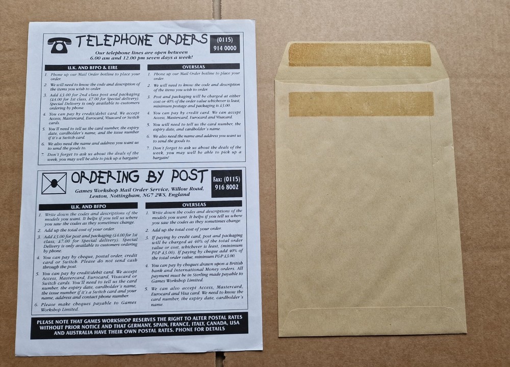 Classic Games Workshop Mail Order form & envelope - GW memorabilia- Oldhammer