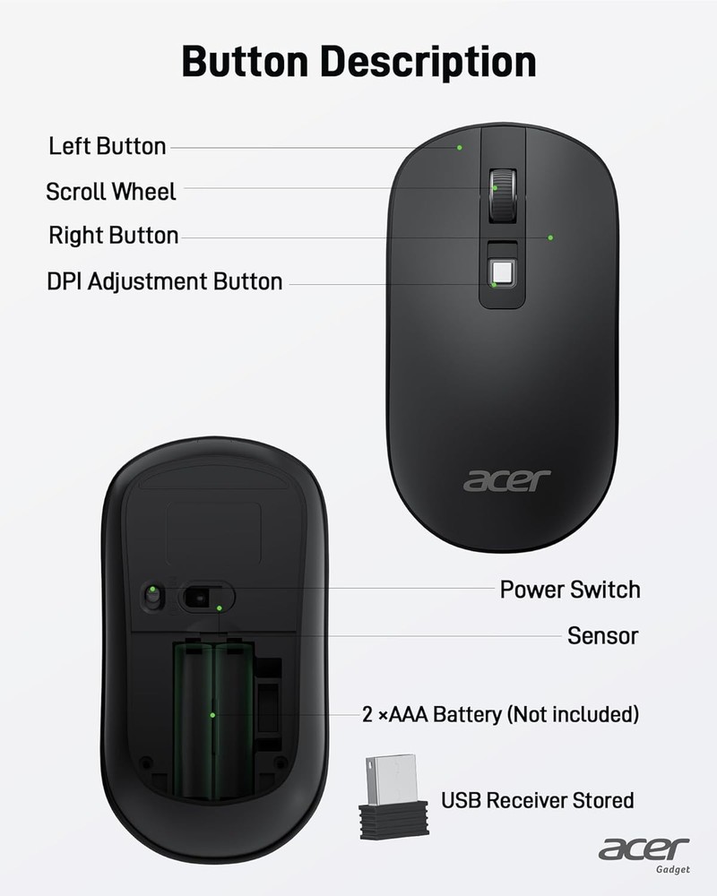 acer Computer Mouse Wireless, 2.4G Slim USB Wireless Mice with Black