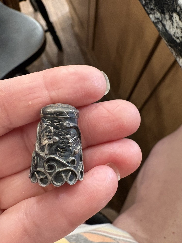 Sterling Silver Thimble Heavily Patterned Scene Design