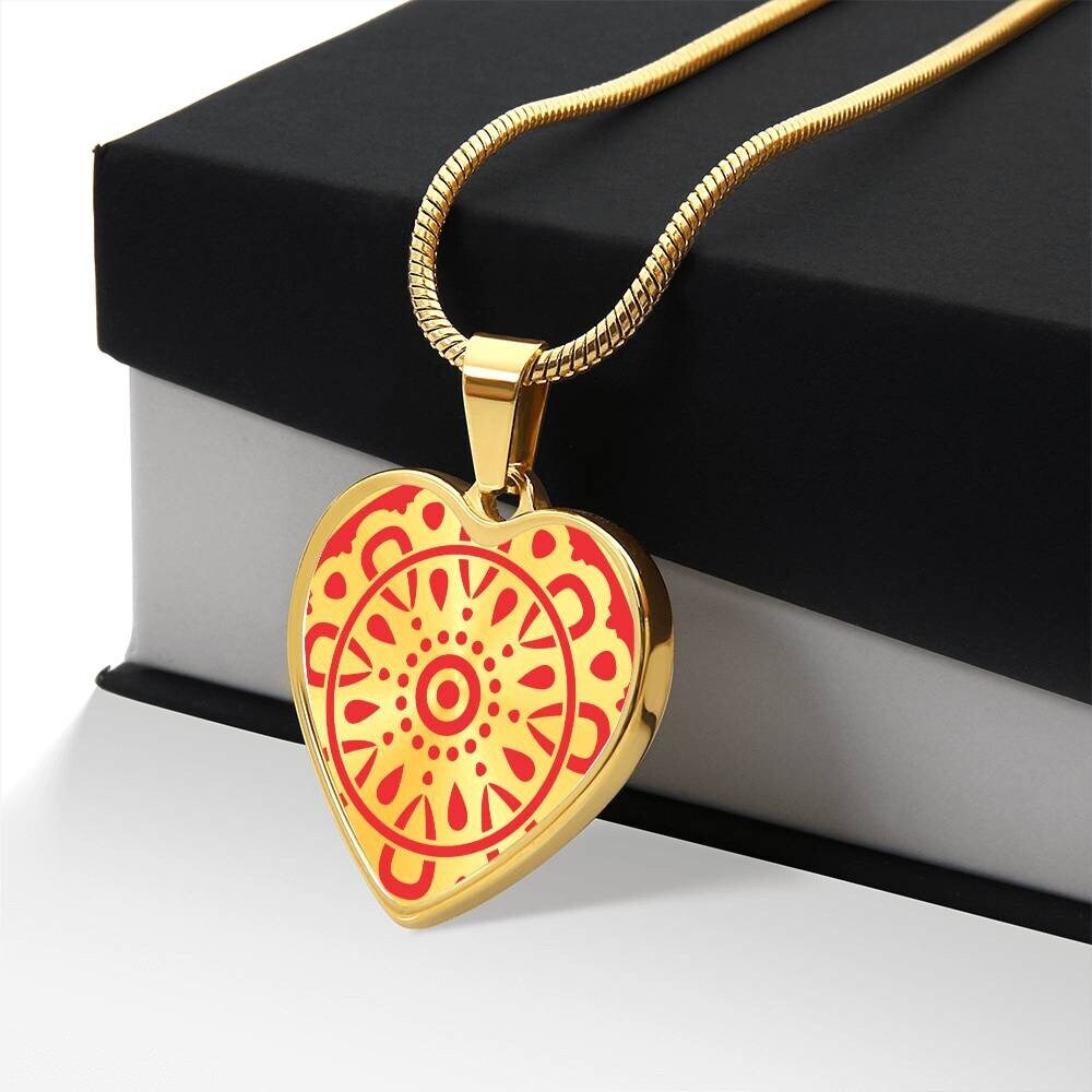 Graphic Heart Pendant + Necklace - Circular Floral Pattern