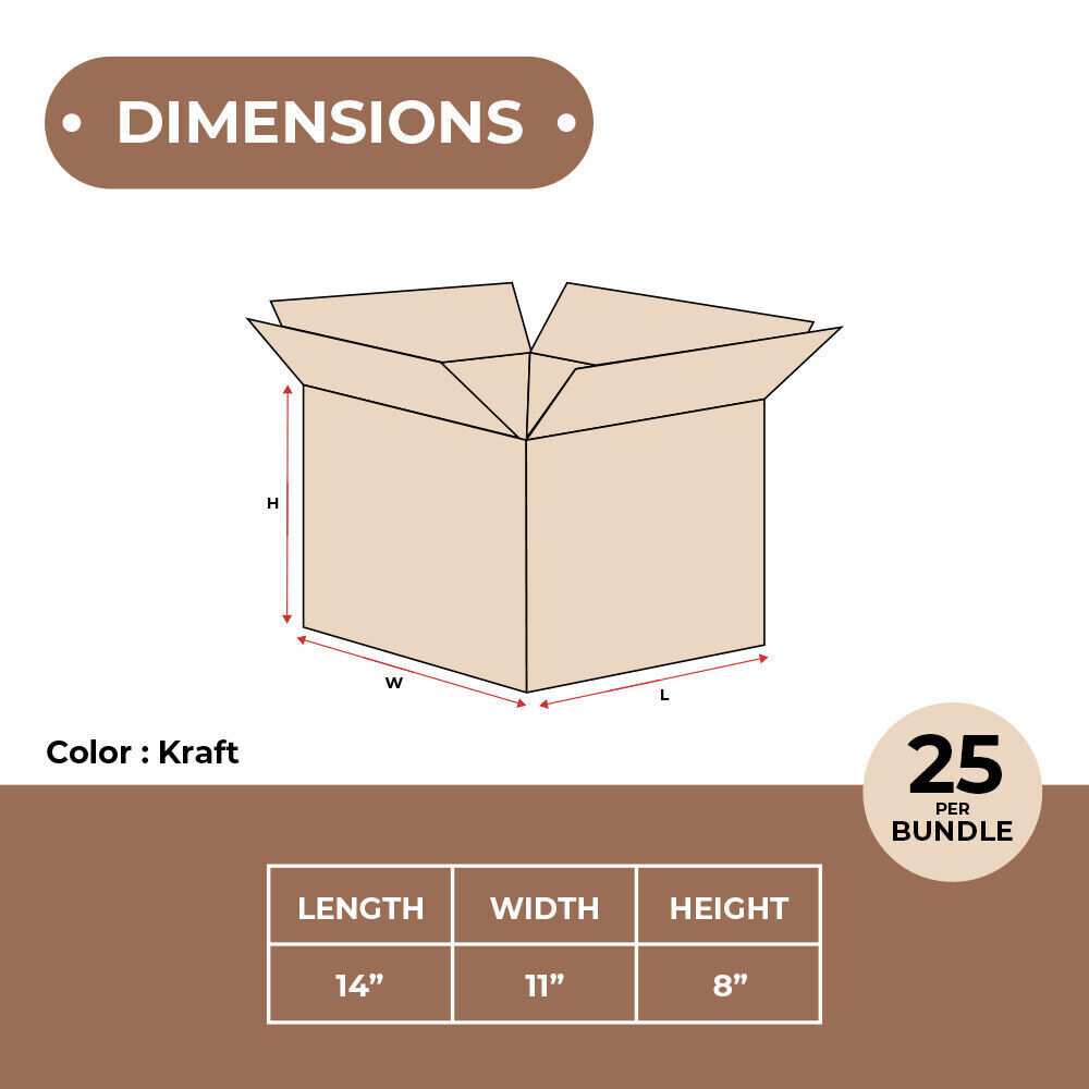 14 x 11 x 8" Corrugated Boxes ECT-32 Brown Shipping/Moving/Packing Box 25/Bundle