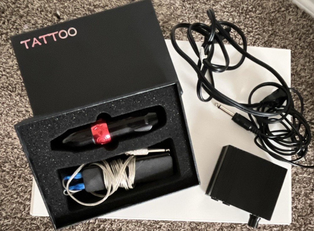 Emalla Adjustable Multifunctional Tattoo Kit Pen Power Supply Cables Black Red