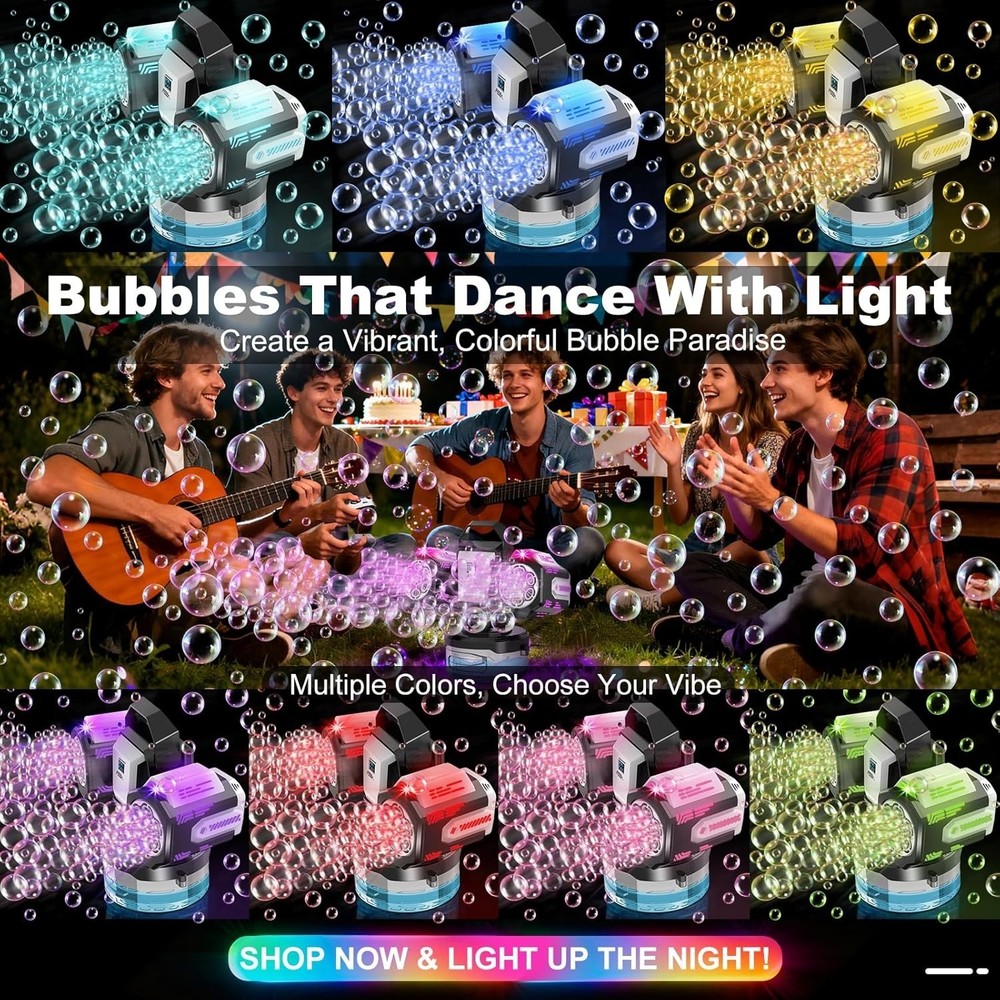 Upgraded bubble machine with remote control and automatic rotation RGB lights