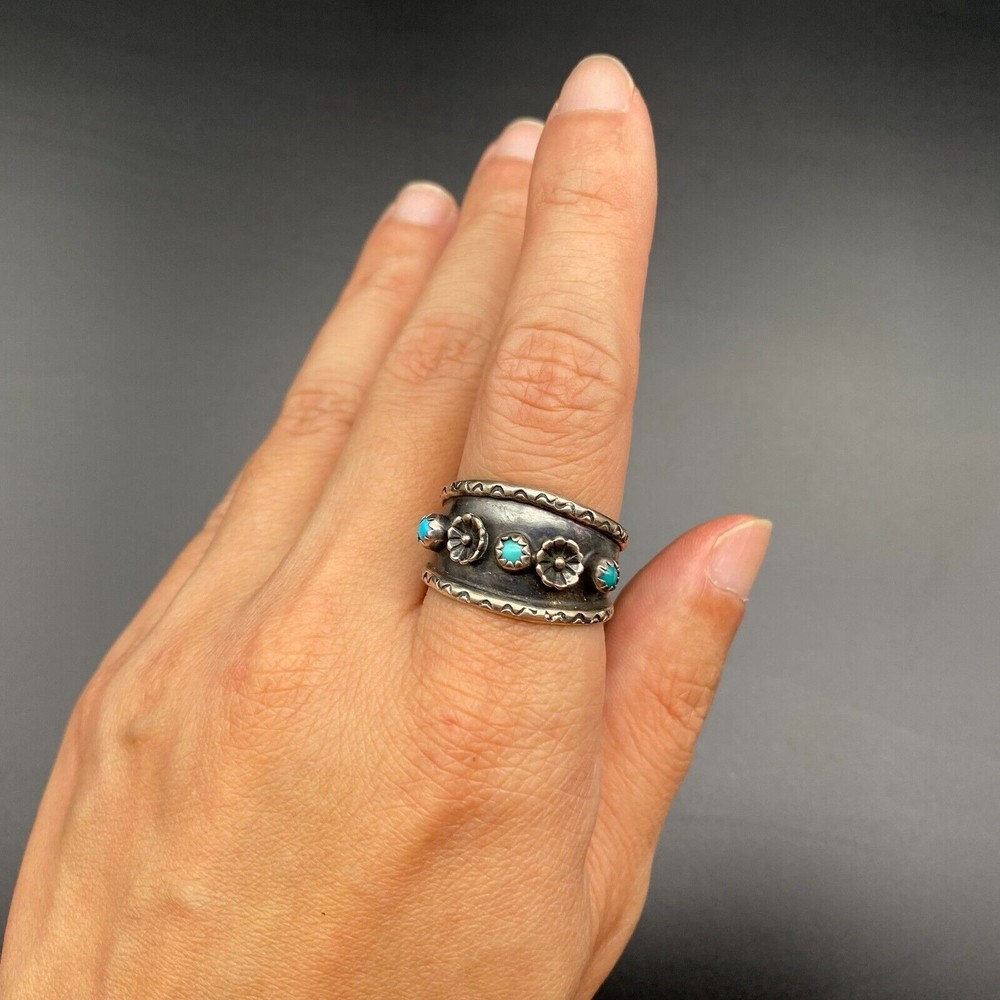 Vintage Navajo Native Turquoise Silver Ring Size 11.25