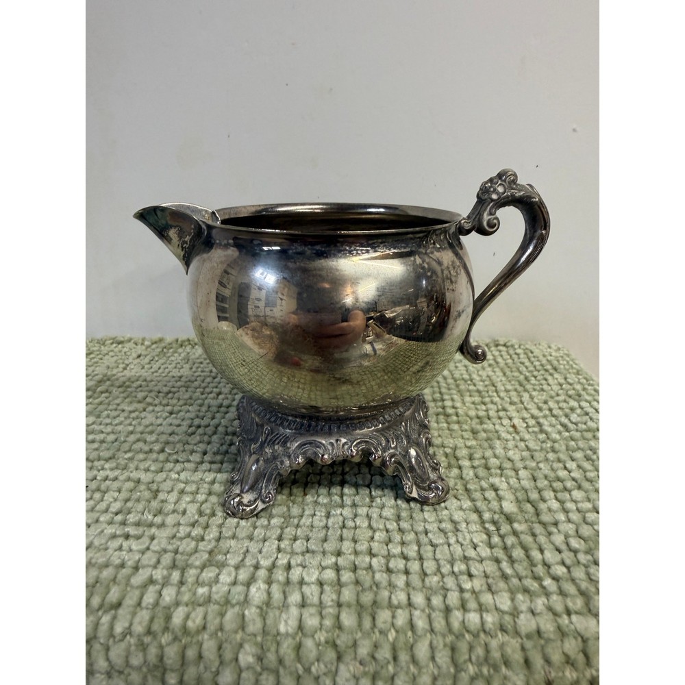 Vintage Pilgrim Silverplate Creamer Pitcher Footed Ornate Handle
