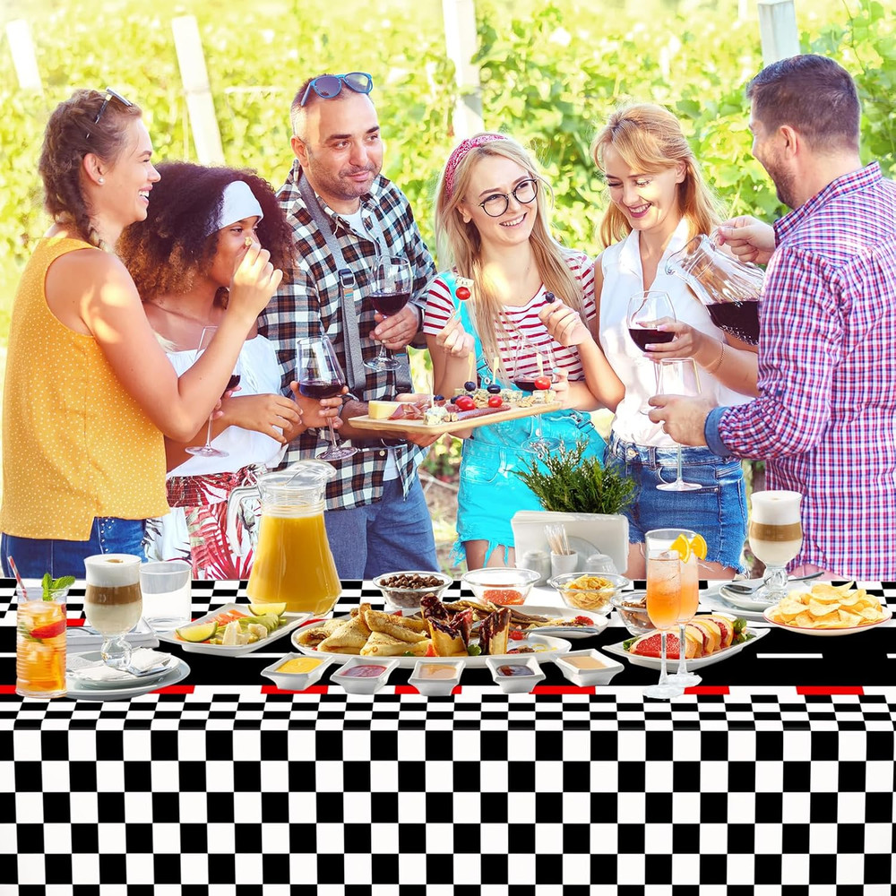 4 Pack Mixed Racing Car Plastic Rectangular Tablecloths, Black and White Checker