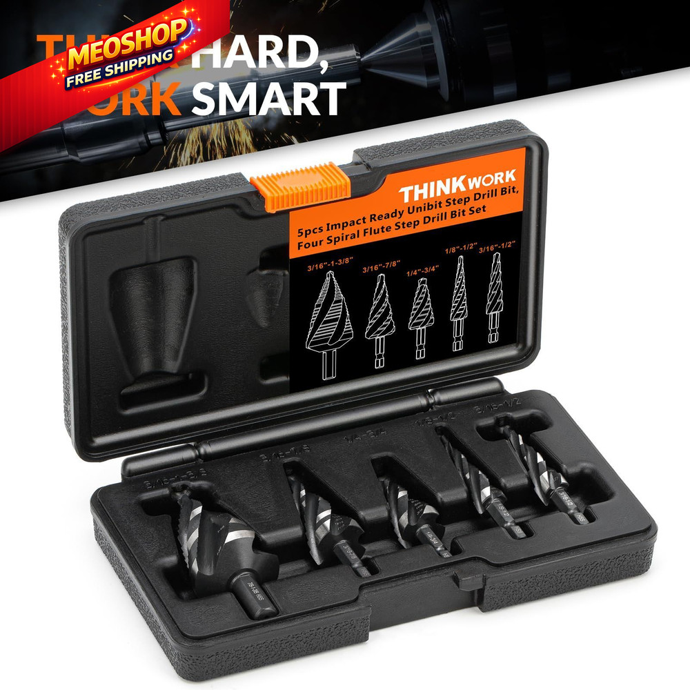 THINKWORK Four Spiral Flute Step Drill Bit Set, 5 Pcs HSS 5 Piece